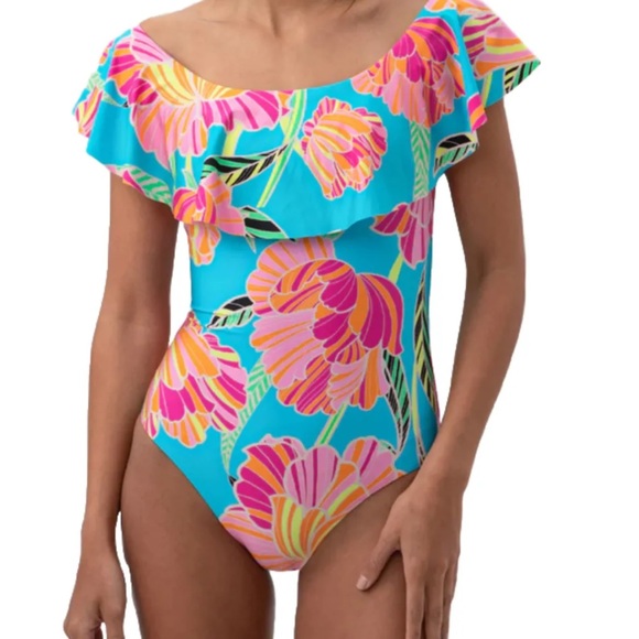 Trina Turk Womens POPPY OTS RUFFLE BANDEAU 1 Pc Swimsuit Off Shoulder Sz 14 - Picture 2 of 2